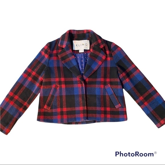 KLING boxy cropped buffalo plaid one button coat lined medium EUC - Picture 7 of 12